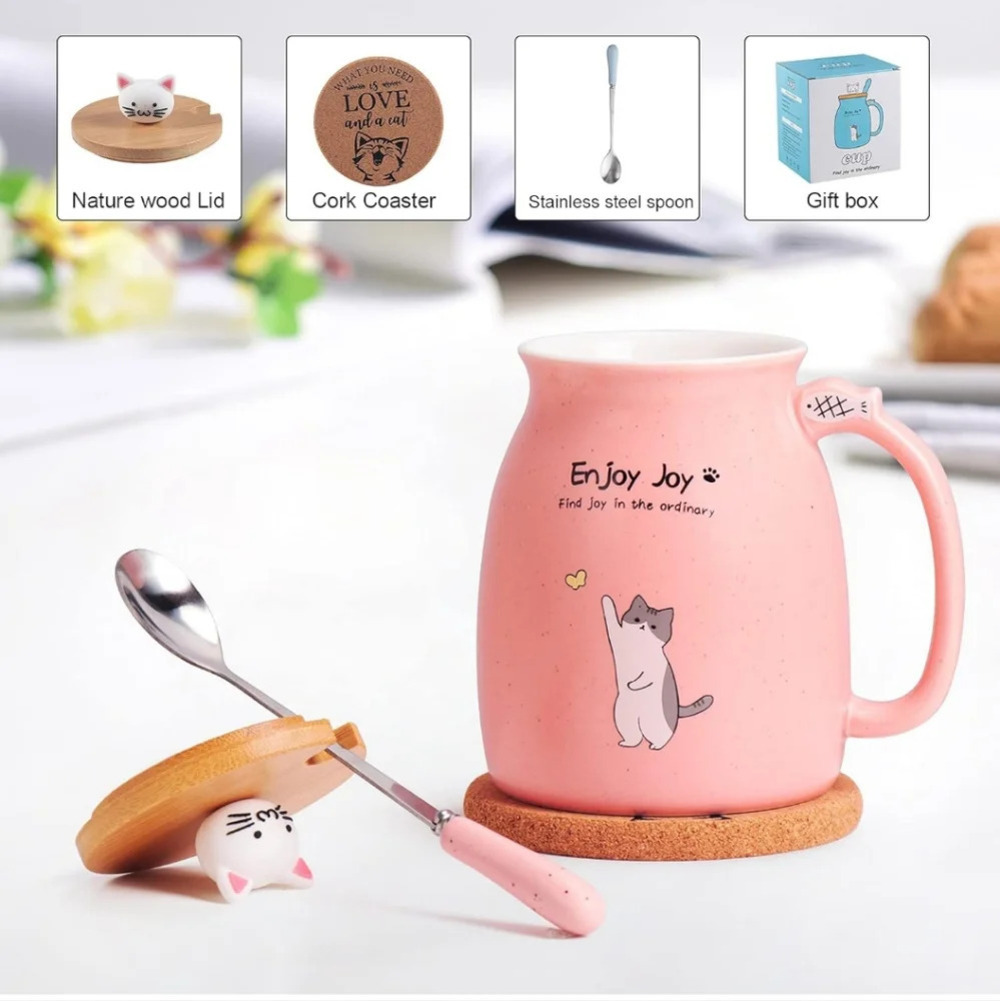 Cute Cat Cup Ceramic Coffee Mug with Kawaii Cat Wooden Lid, Lovely Stainless Ste